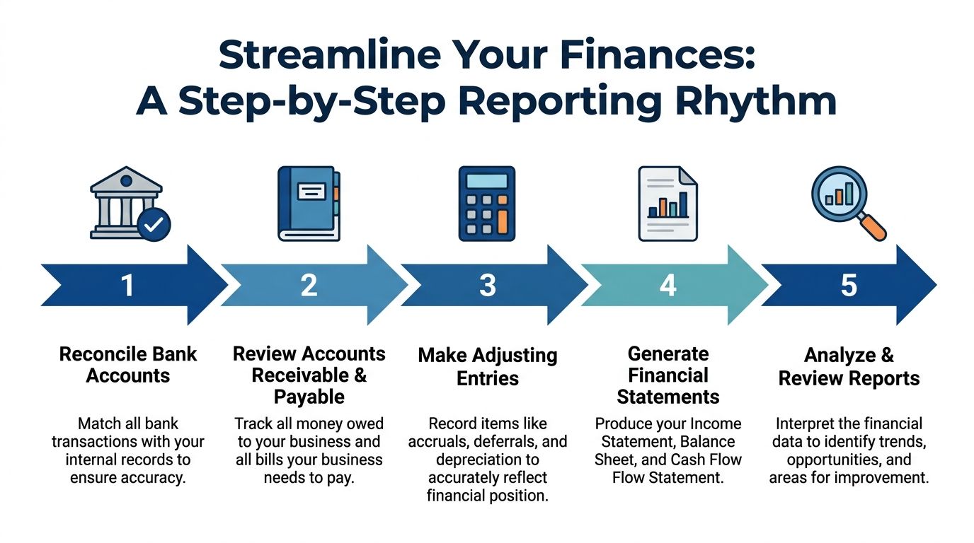 A five-step financial reporting process flowchart illustrating tasks to streamline business finances and ensure accurate record keeping.