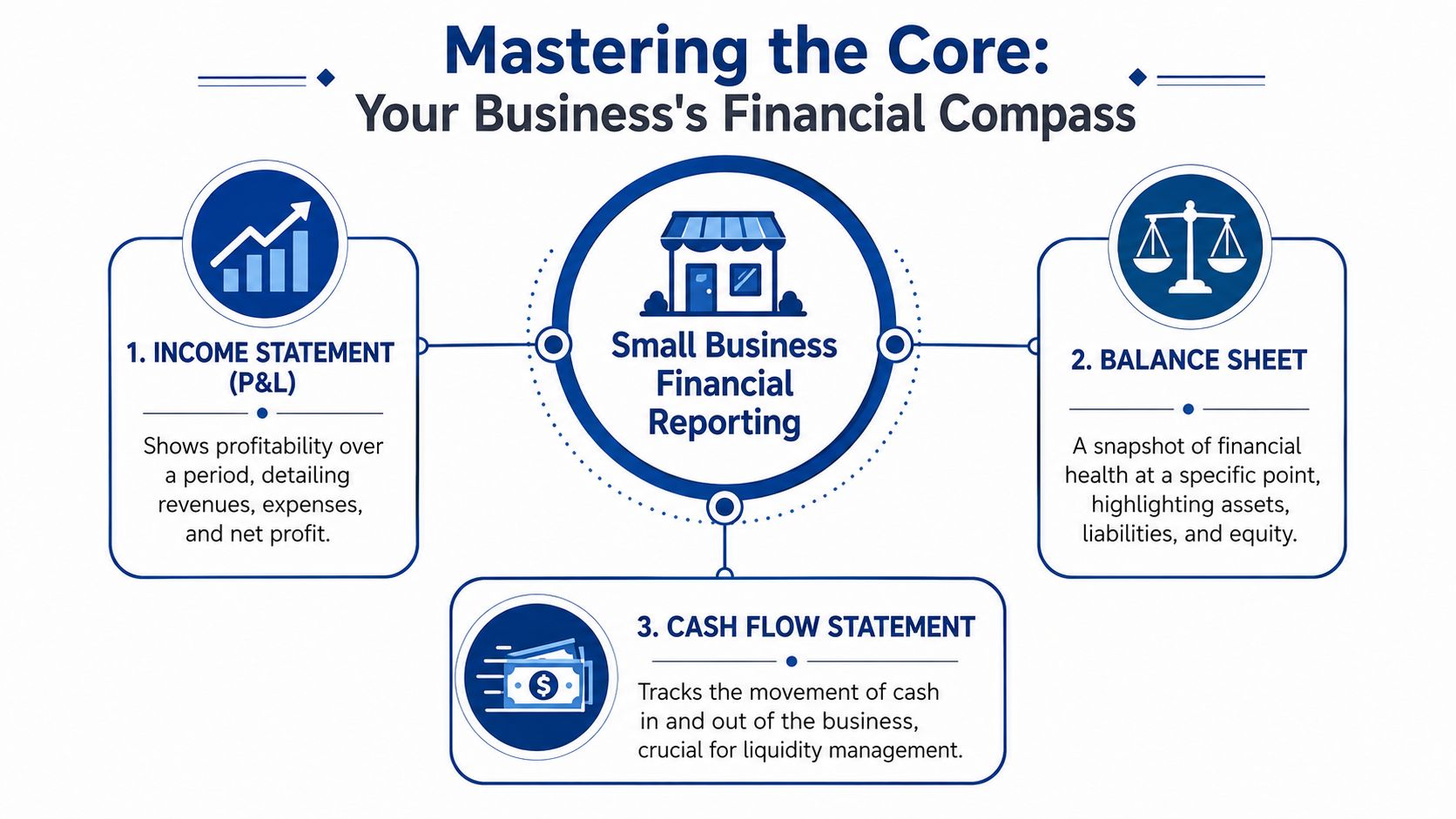 A diagram titled Mastering the Core showing three essential small business financial statements: P&L, balance sheet, and cash flow.