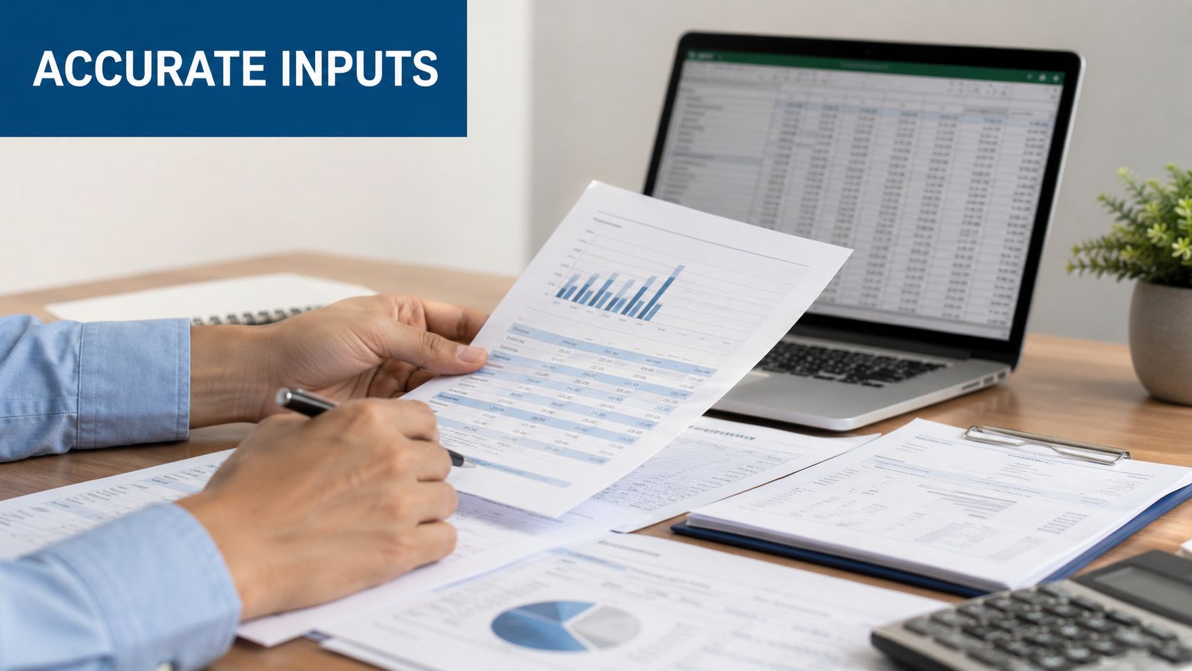 A professional analyzing financial documents with charts and a laptop in a modern office workspace.