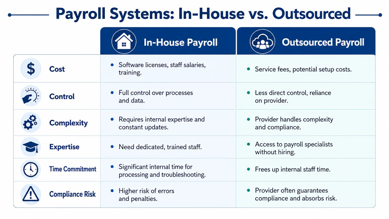 A comparison chart outlining the pros and cons of in-house versus outsourced payroll management systems.