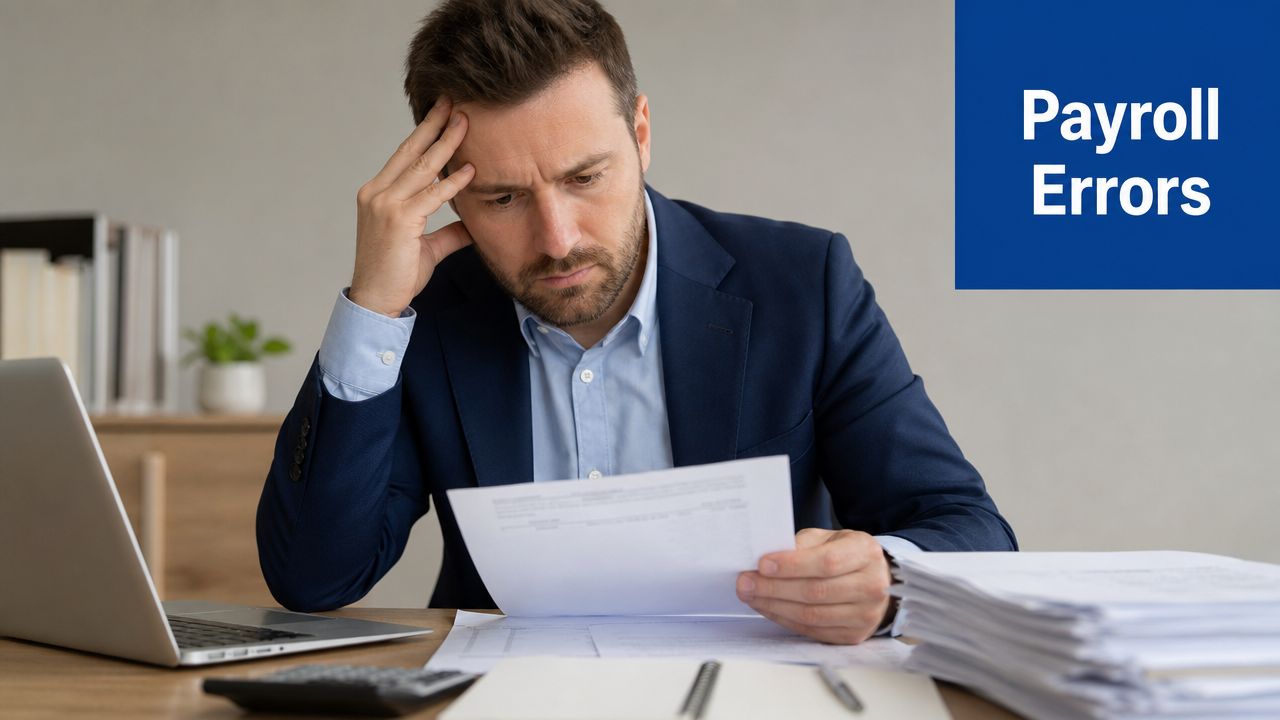 A frustrated businessman holding documents while working on payroll errors at his desk in an office.