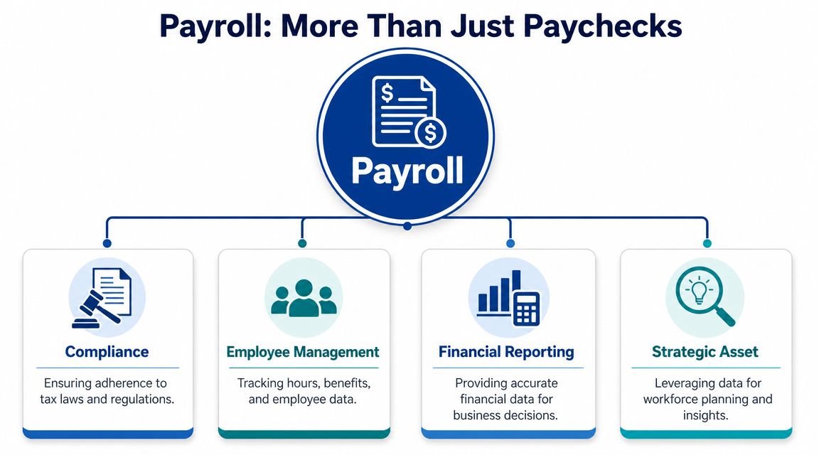 A diagram illustrating that payroll involves compliance, employee management, financial reporting, and acting as a strategic asset.
