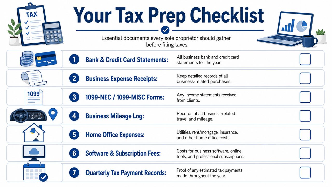 A tax preparation checklist for sole proprietors featuring seven essential document categories for annual tax filing.
