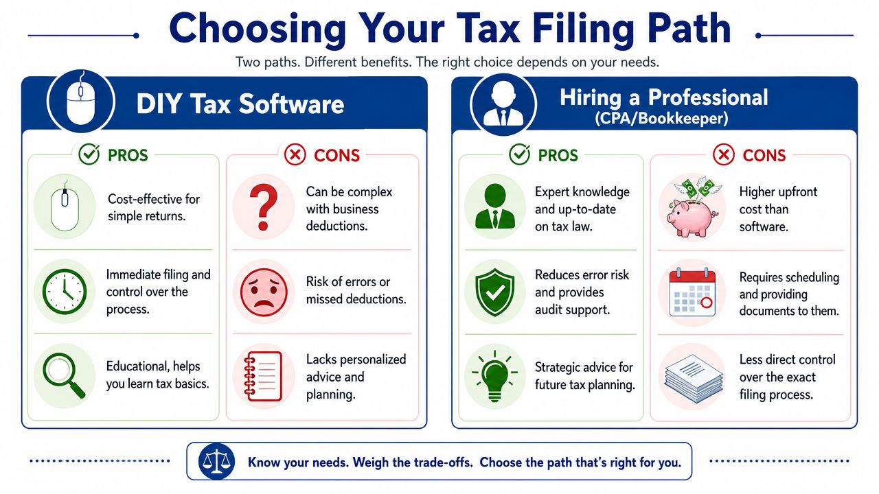 A comparison infographic showing the pros and cons of using DIY tax software versus hiring a professional.