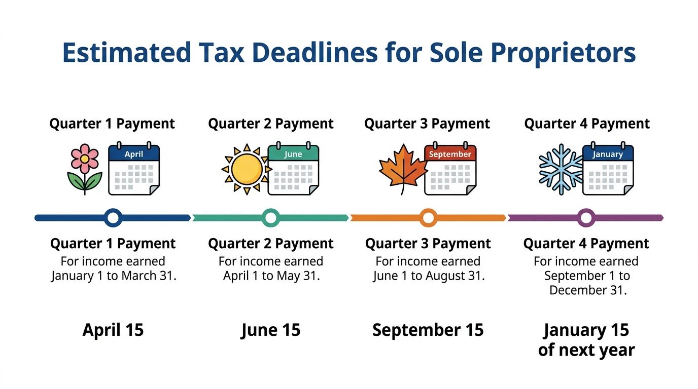 A timeline graphic showing estimated quarterly tax payment deadlines for sole proprietors throughout the year.