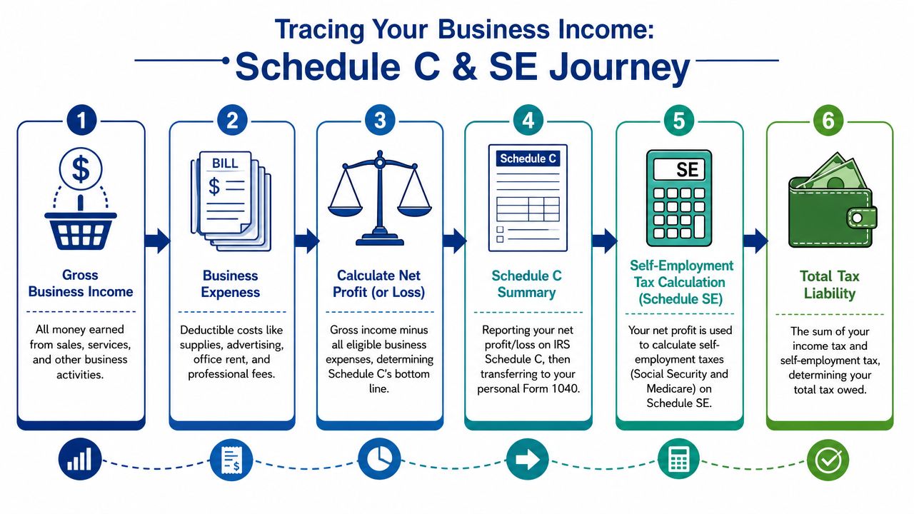 A 6-step infographic illustrating the process of calculating business income, expenses, and tax liability for Schedule C and SE.