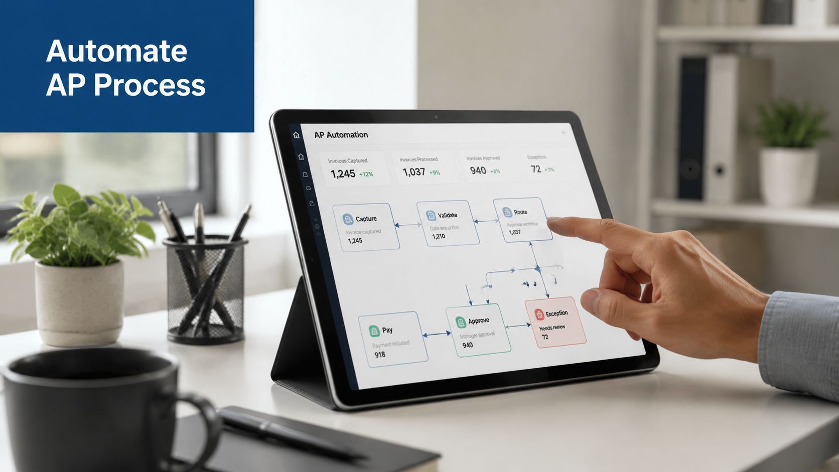 A person using a tablet to monitor an automated accounts payable workflow dashboard in an office.