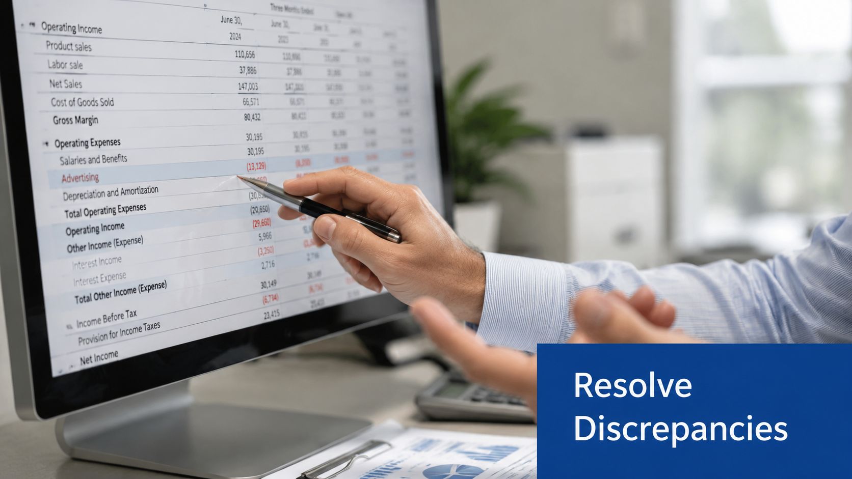 A professional reviewing a financial spreadsheet on a computer monitor to resolve account discrepancies and issues.