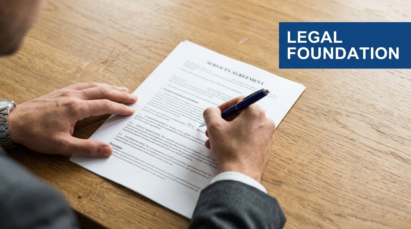 A professional man in a suit signing a formal Services Agreement document at a wooden desk.