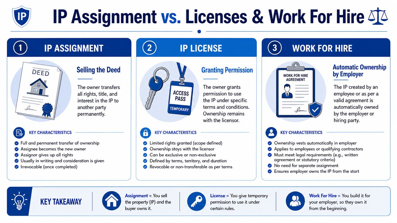 An infographic comparing Intellectual Property Assignment, IP Licenses, and Work for Hire legal concepts clearly.