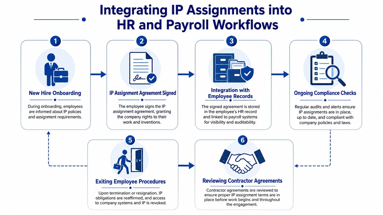 A workflow diagram showing the six steps for integrating intellectual property assignments into HR and payroll processes.