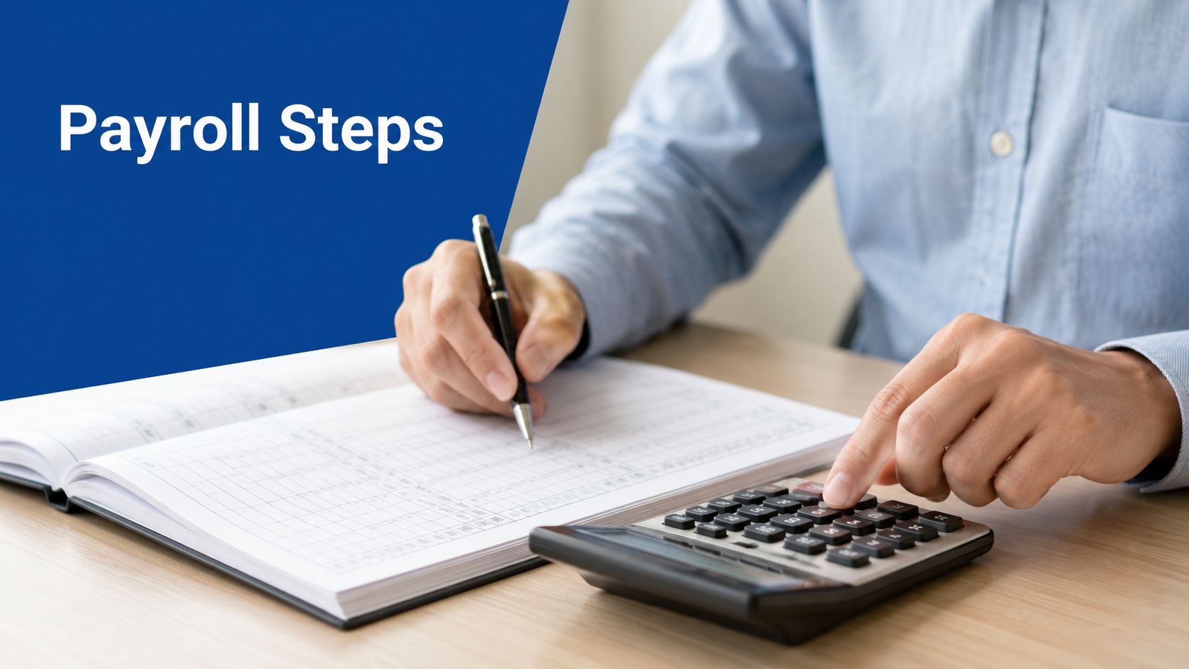 A person writing in a notebook while using a calculator for calculating business payroll tasks.