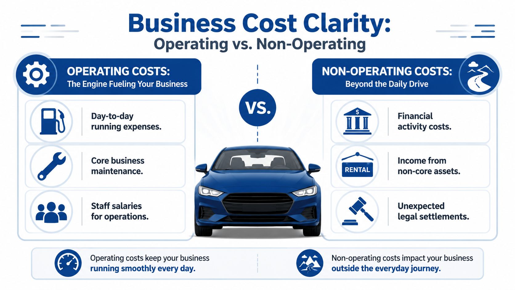 An infographic comparing business operating costs versus non-operating costs using car and journey analogies.