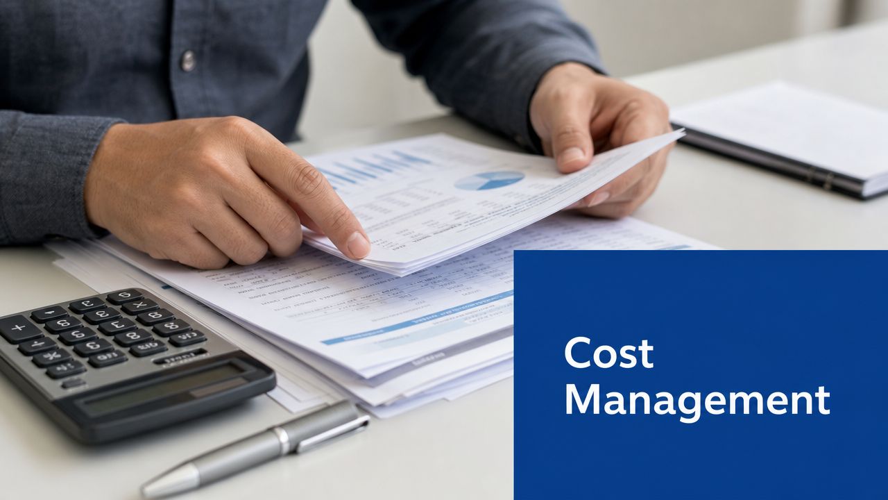 A professional analyzing financial documents with a calculator and pen on a desk for cost management.