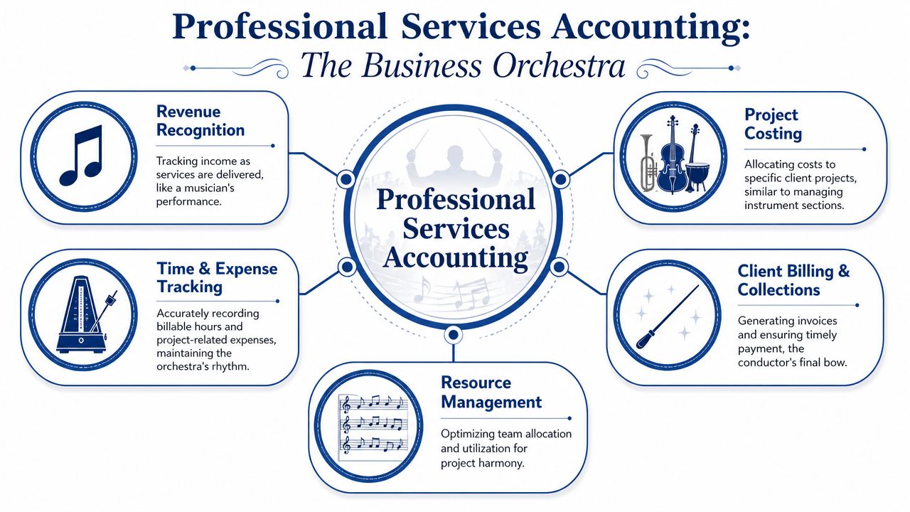 An infographic titled Professional Services Accounting, depicting business processes as an orchestra with musical analogies.