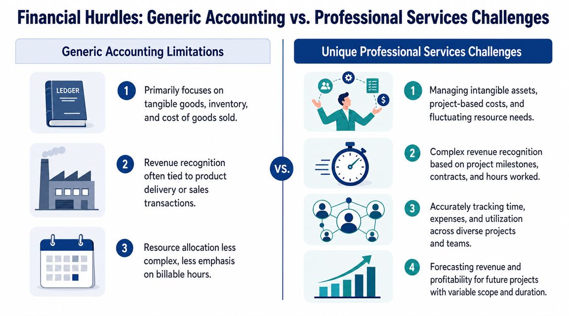 A comparison chart showing the key differences between generic accounting limitations and professional services accounting challenges.
