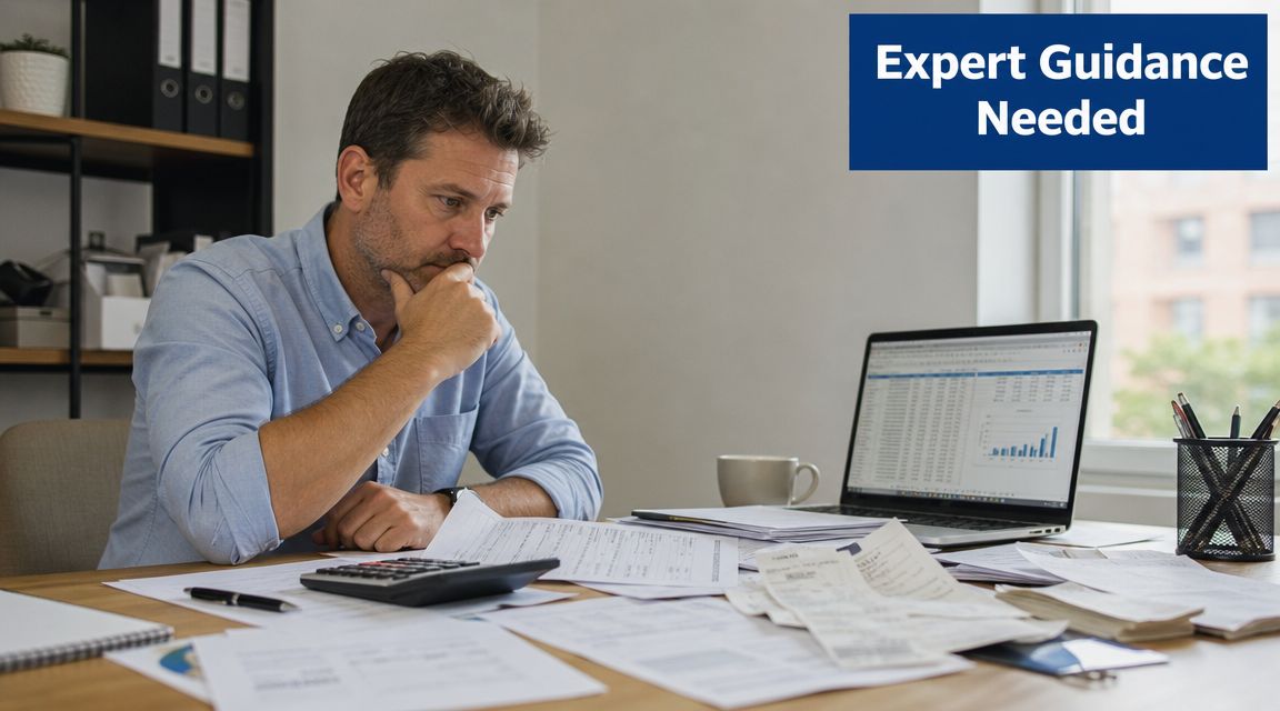 A concerned professional working at a desk with financial documents, a calculator, and a laptop.