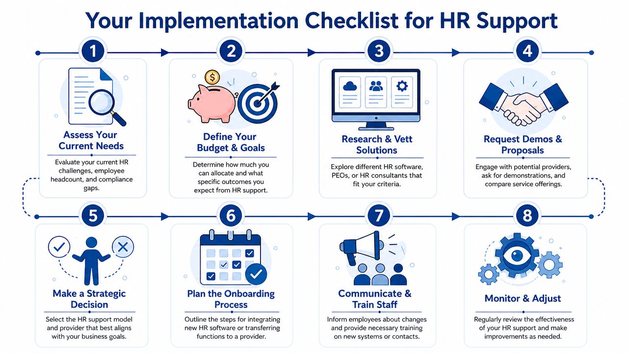 An eight-step instructional infographic detailing a comprehensive implementation checklist for small business HR support systems.