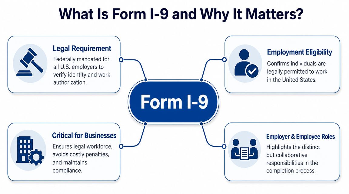A diagram explaining that Form I-9 is a mandatory document for verifying identity and employment authorization in the US.
