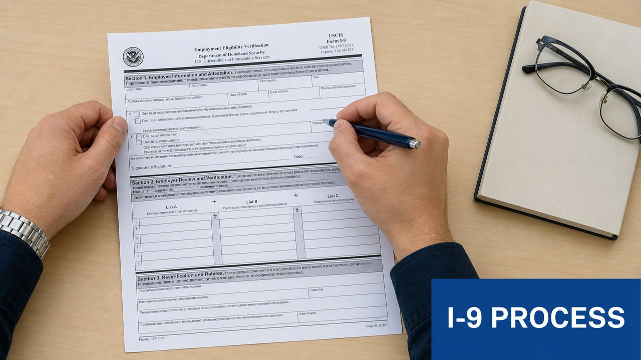 A person filling out a USCIS Form I-9 Employment Eligibility Verification document with a pen at a desk.