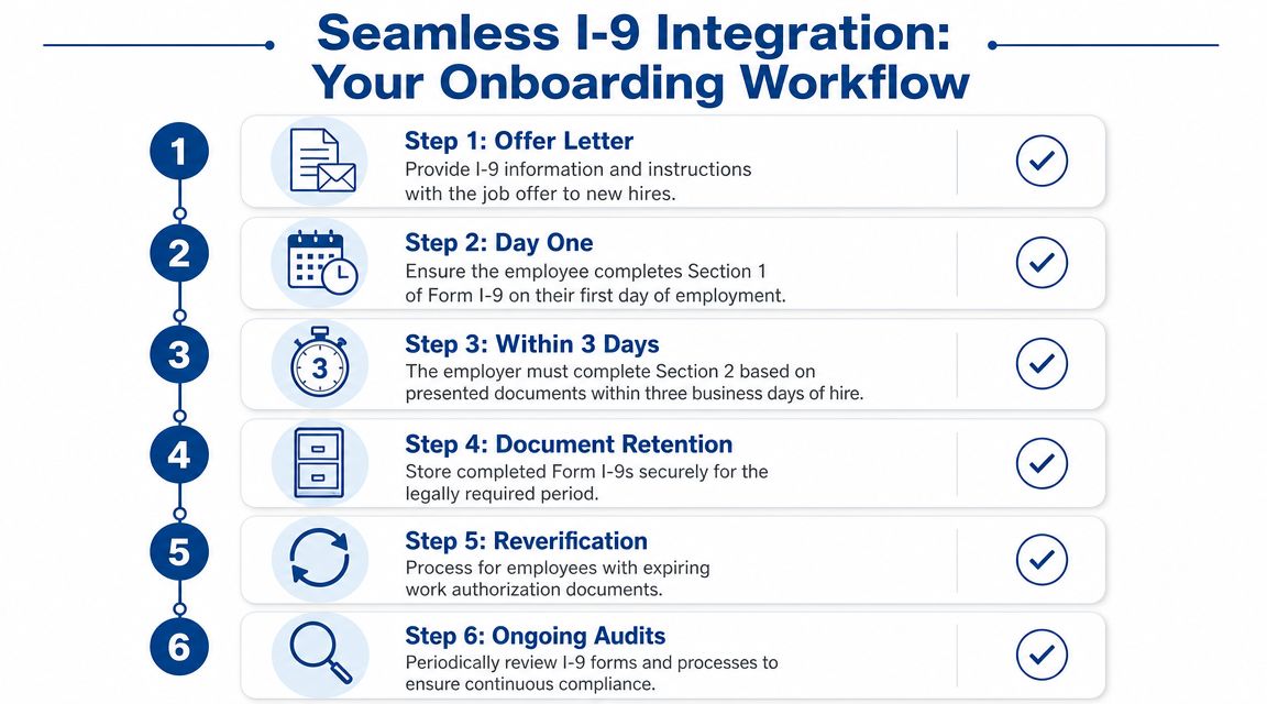 A six-step infographic illustrating the compliant I-9 onboarding workflow for new employee verification and document management.