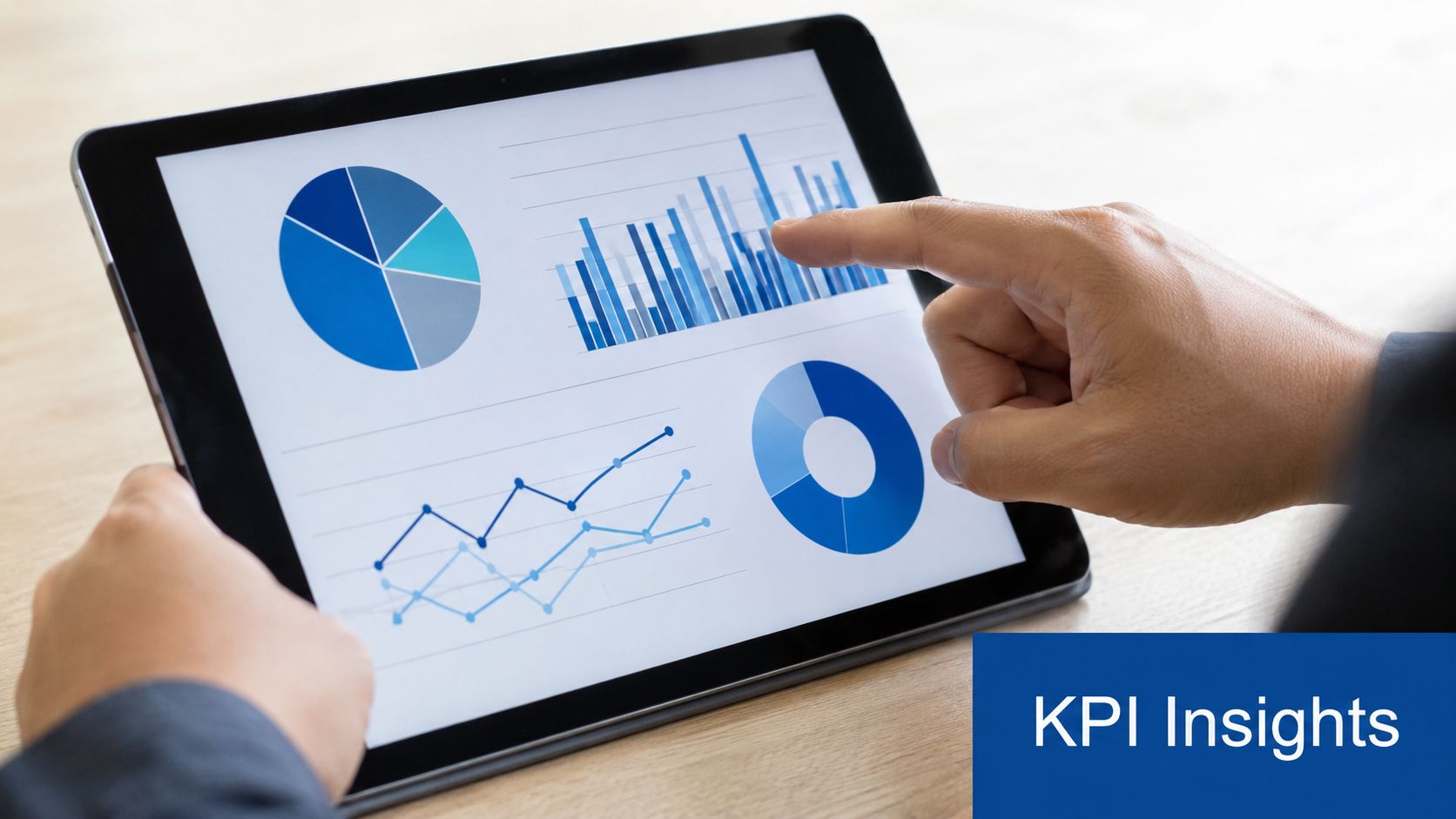 A professional analyzing business performance data and charts on a digital tablet screen.