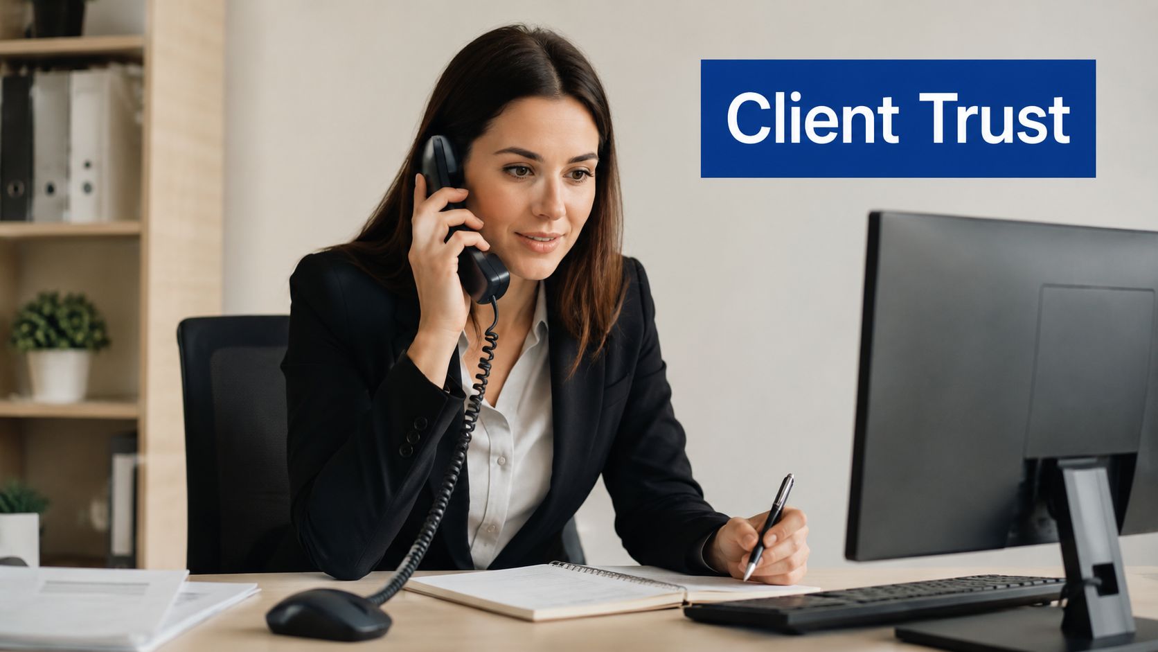 A professional woman in a suit taking notes during a business phone call at her office desk.