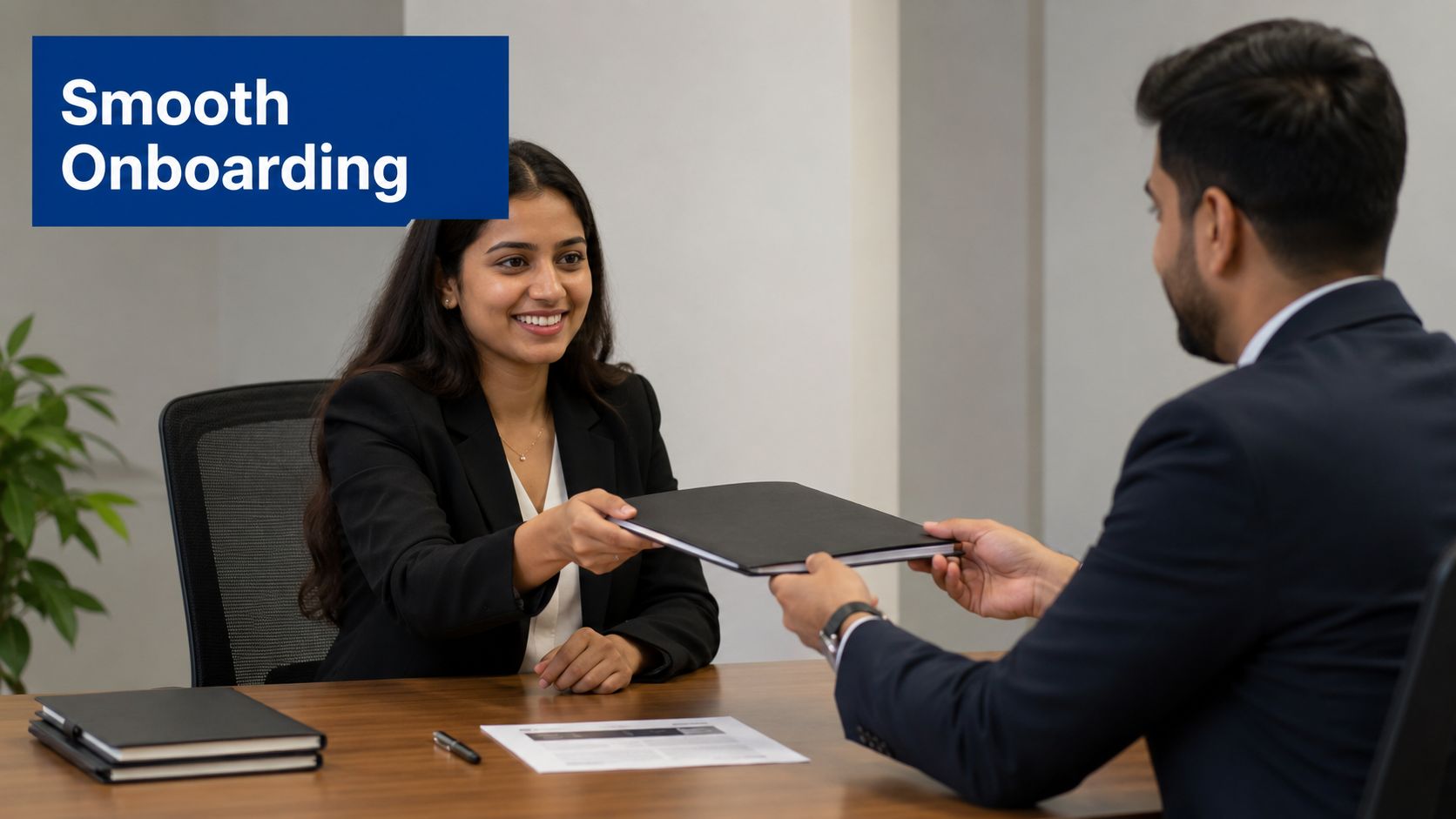 A professional woman in a business suit handing a black folder to a colleague during an office meeting.