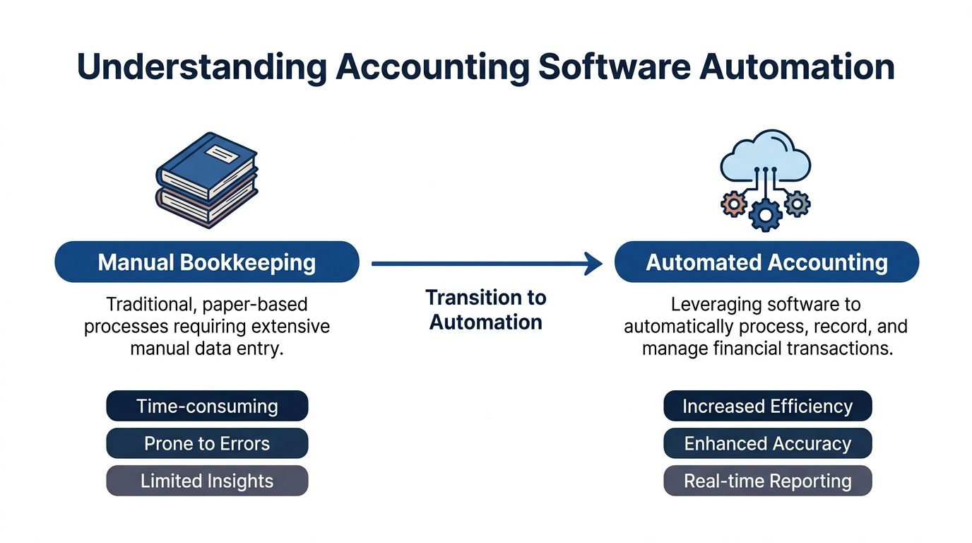 A diagram comparing traditional manual bookkeeping with modern automated accounting processes and their associated benefits.