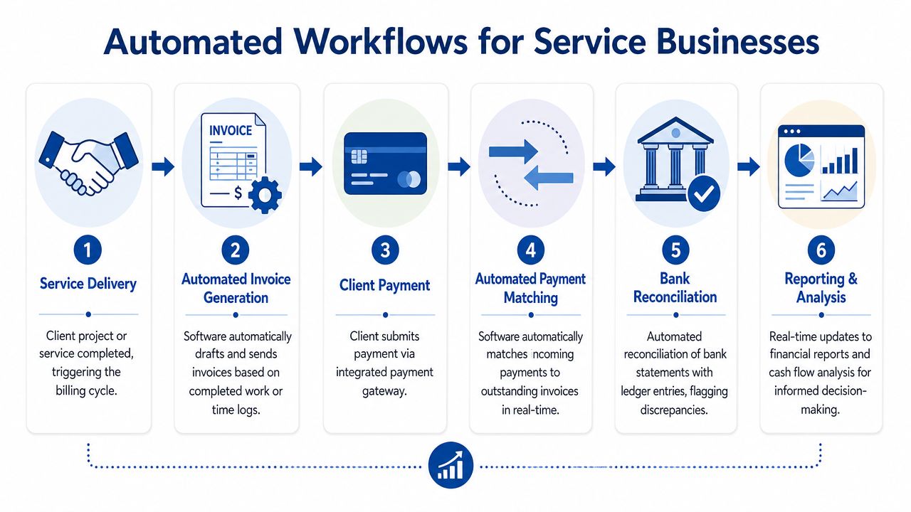 A six-step infographic illustrating the automated workflow process for service businesses from delivery to final reporting.
