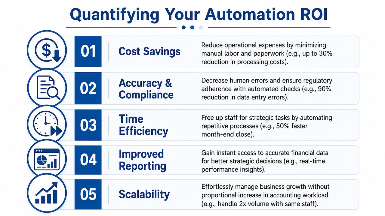 A diagram outlining five key benefits of implementing automation in accounting to improve financial ROI.