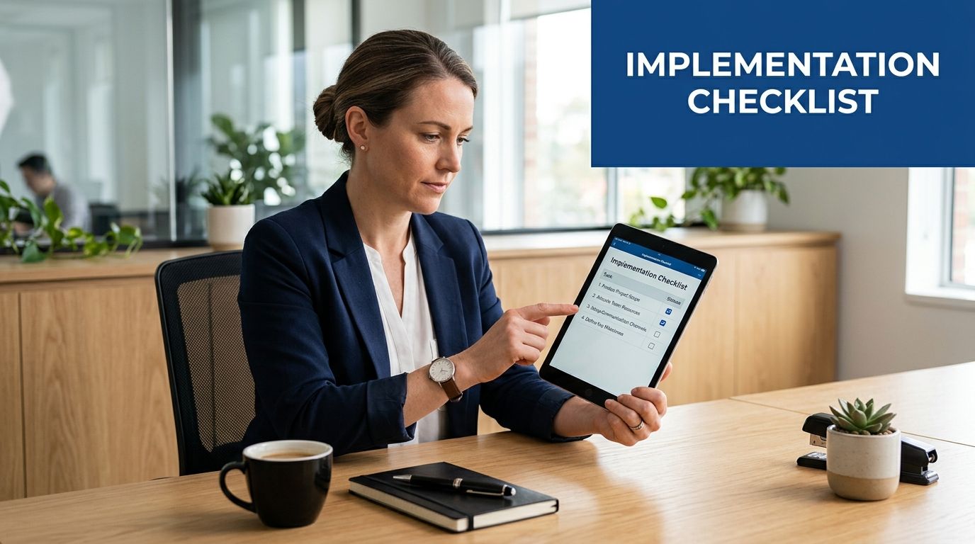 A professional woman sitting at a desk and pointing to an implementation checklist on a digital tablet.