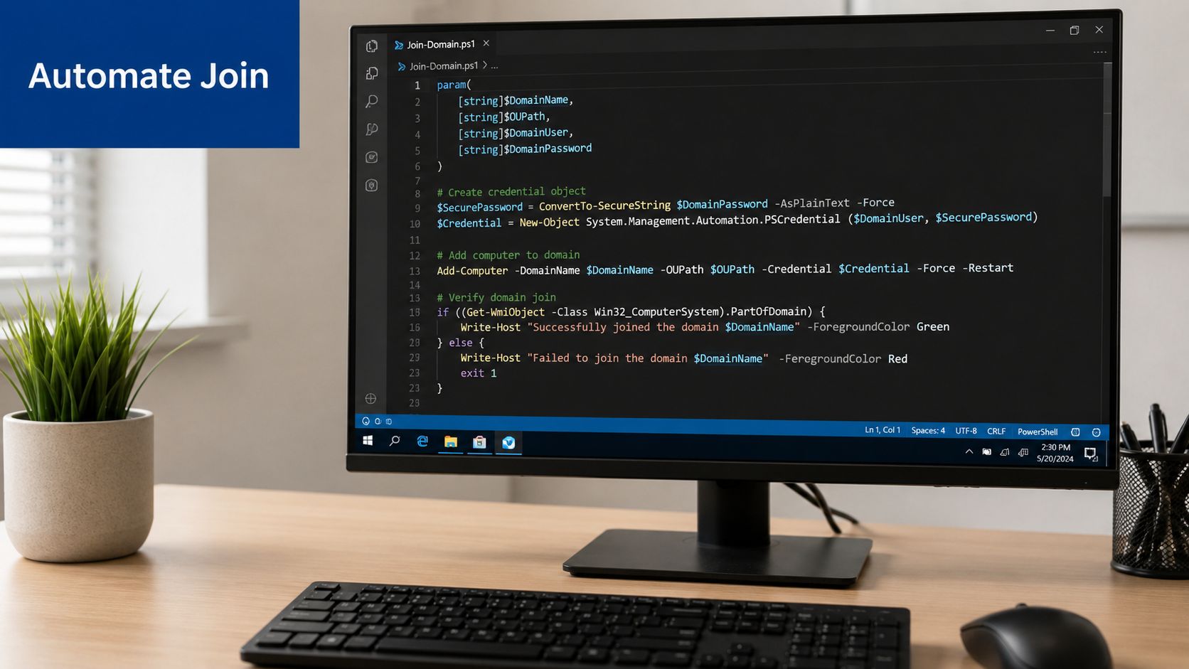 A computer screen displaying a PowerShell script for automating the process of joining a computer to a domain.