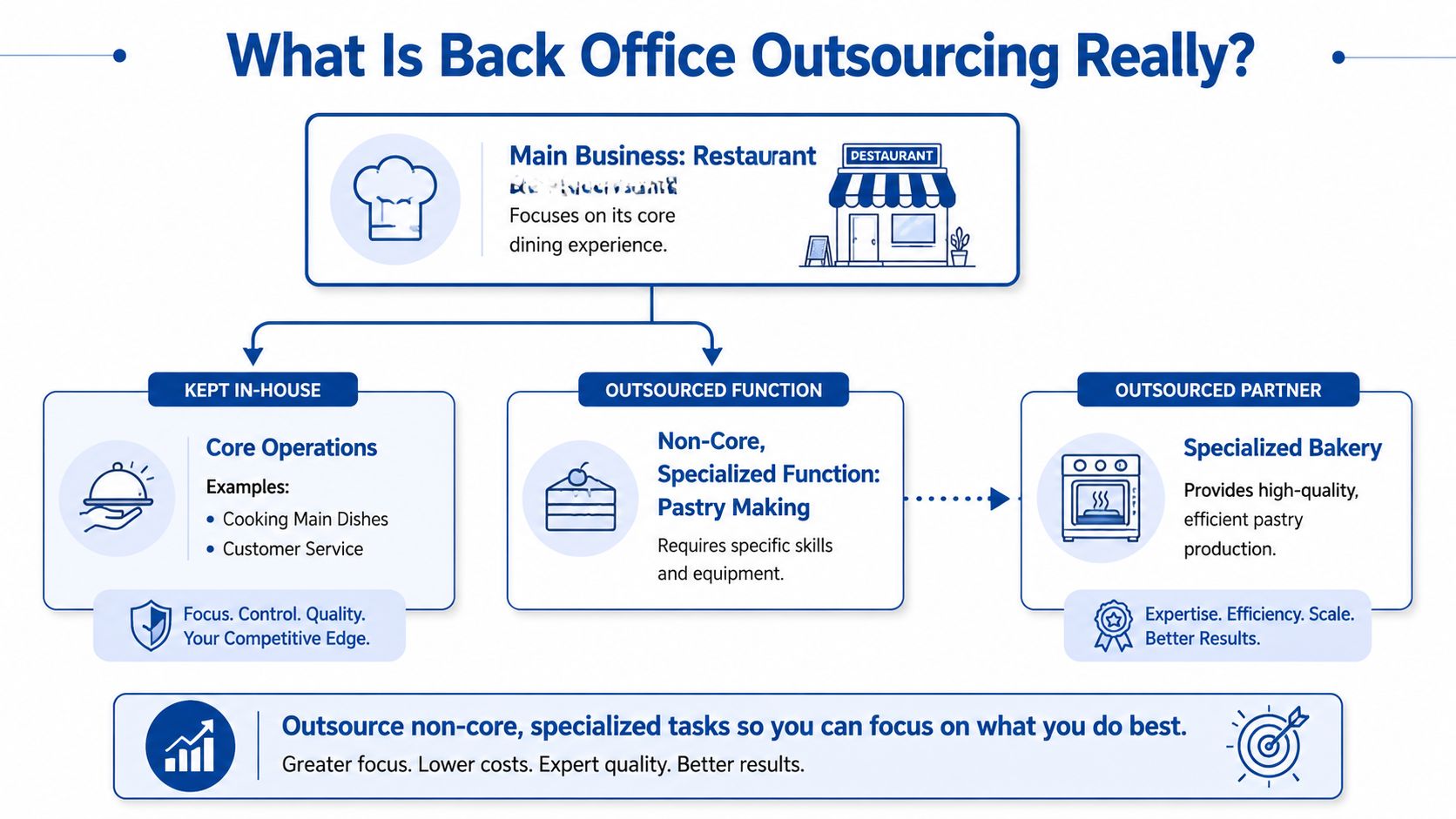 A diagram explaining back office outsourcing using a restaurant example where core tasks stay in-house while specialized tasks are outsourced.