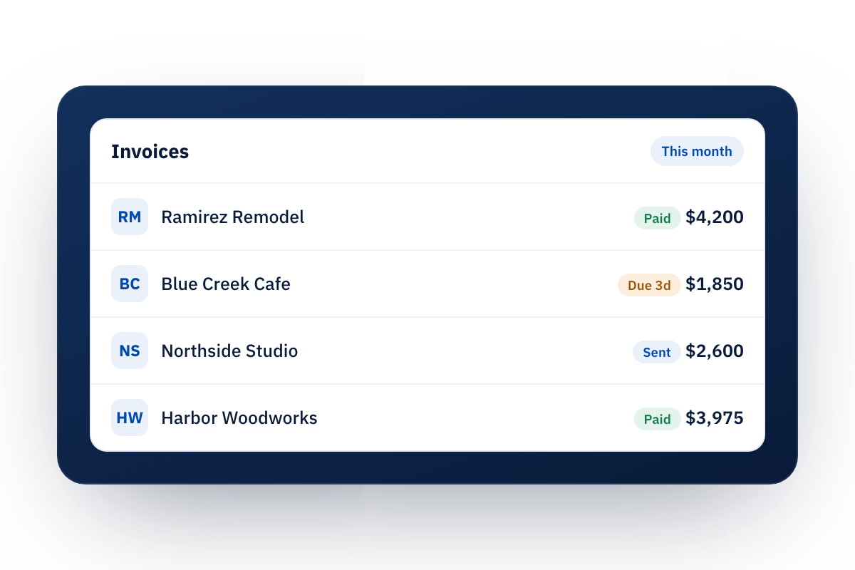 Cobble Accounting invoices view showing paid, due, and sent invoices with amounts