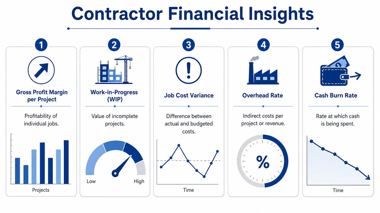 An infographic showing five key financial metrics for construction contractors including profit, WIP, and burn rate.