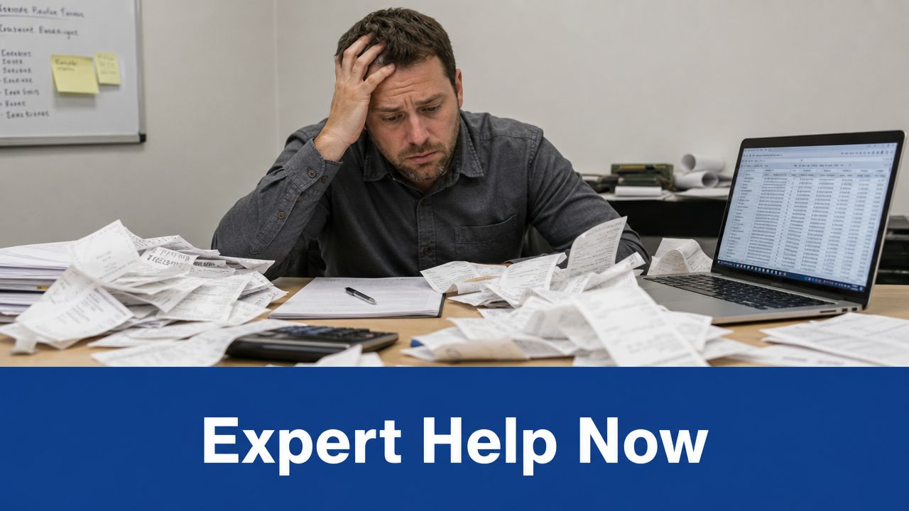 A stressed man sitting at a desk overflowing with financial paperwork while working on a laptop.