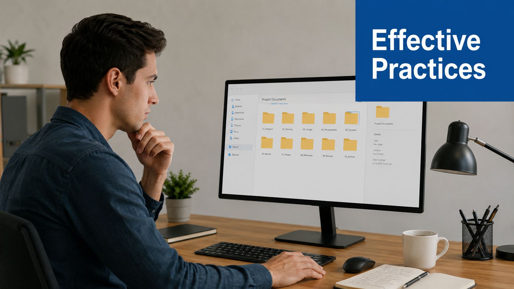 A professional man in a home office organizing digital project folders on his desktop computer screen.