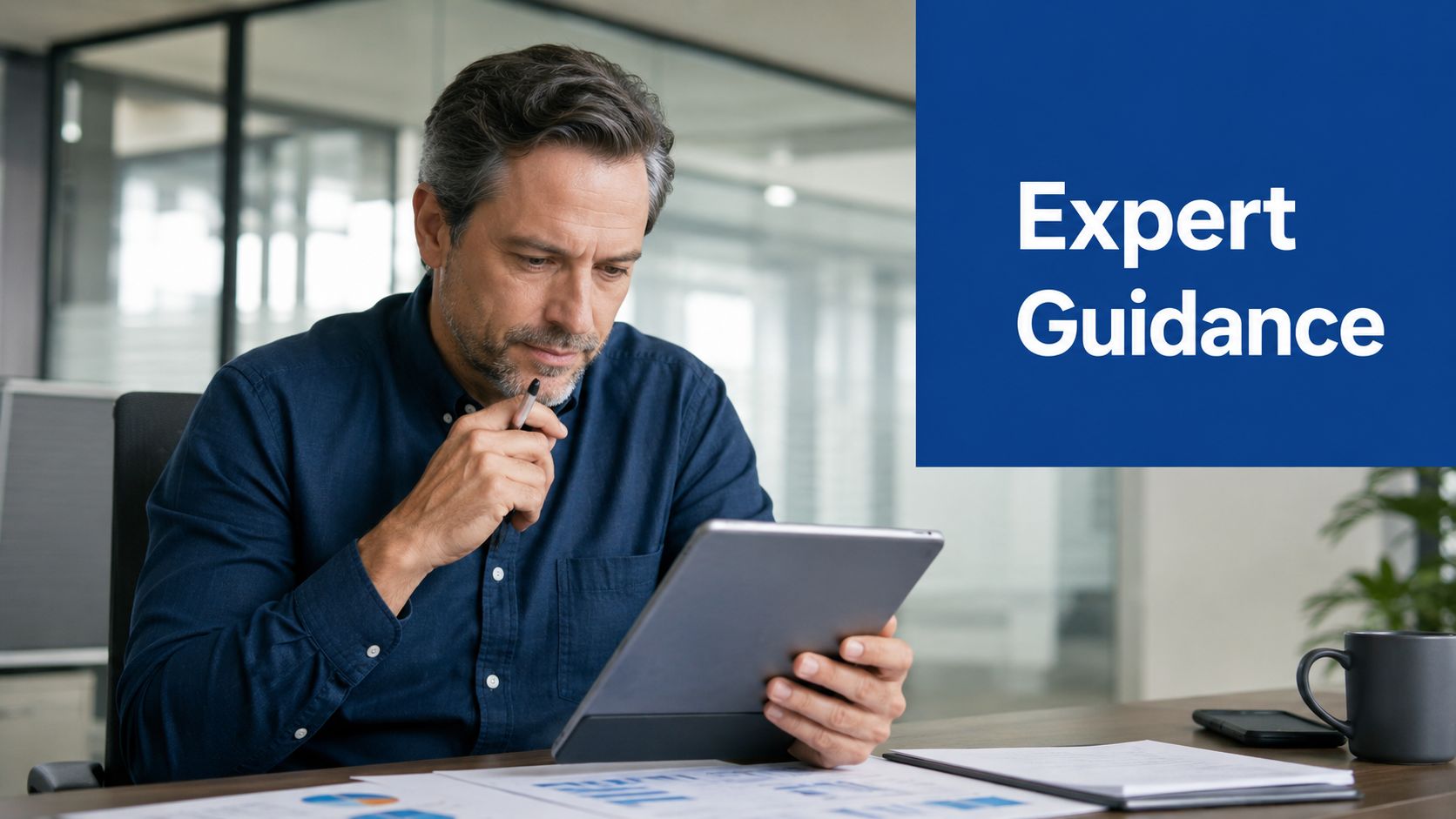 A professional man sitting at an office desk looking thoughtfully at a tablet with expert guidance text overlay.
