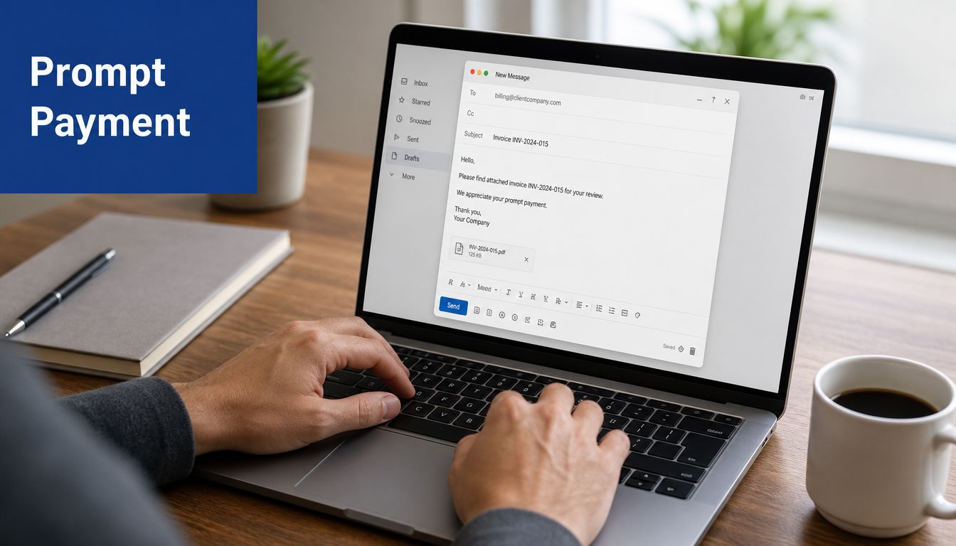 A person typing on a laptop computer to send an invoice email to a client for payment.