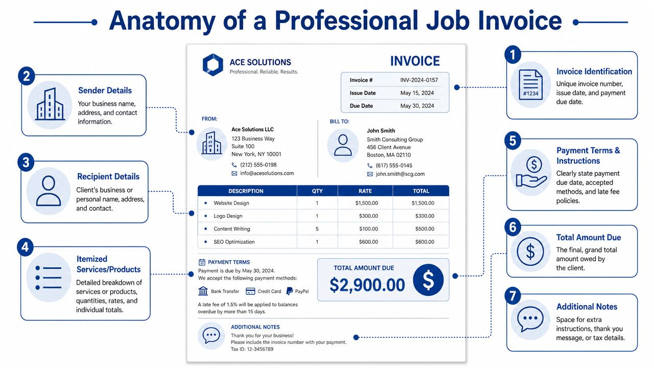 An infographic titled Anatomy of a Professional Job Invoice explaining the seven key components of a business document.