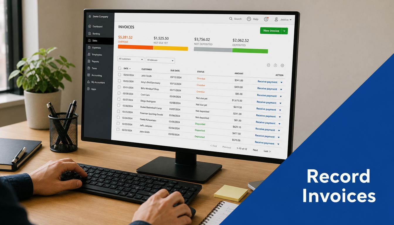 A person working at a desk on a computer displaying a professional invoicing software dashboard.