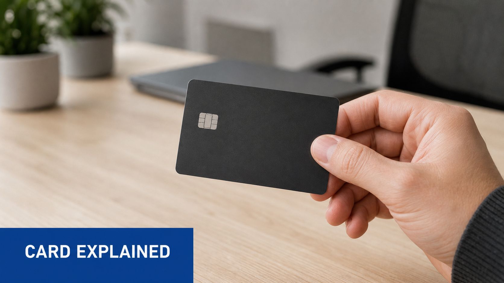 A close-up shot of a hand holding a sleek black debit card over a wooden desk.
