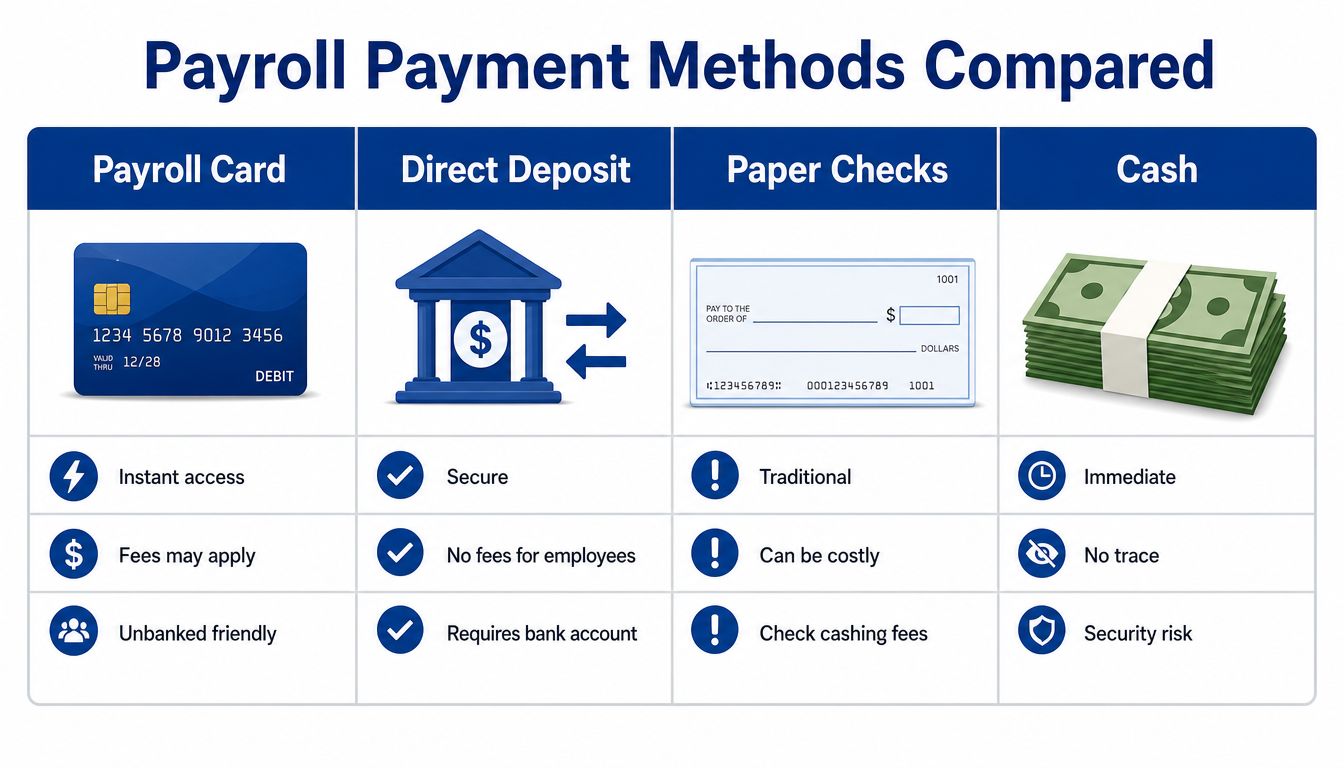 A comparison chart outlining the pros and cons of four payroll payment methods: cards, direct deposit, checks, and cash.