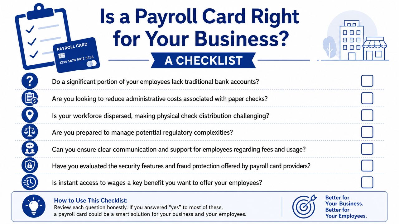 A business checklist infographic asking if payroll cards are the right payment solution for your company.