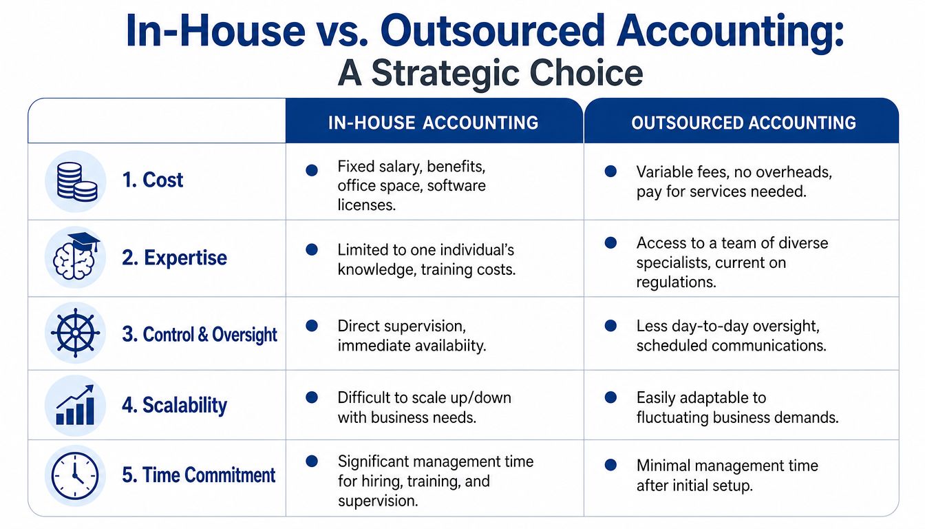A comparison chart outlining the key differences between in-house and outsourced accounting for business strategic decisions.