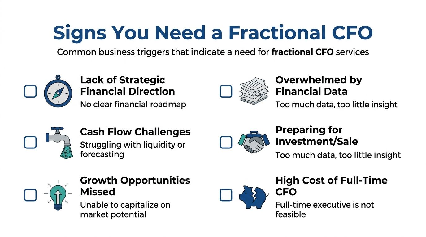 An infographic listing six common business signs that indicate a company needs fractional CFO services.