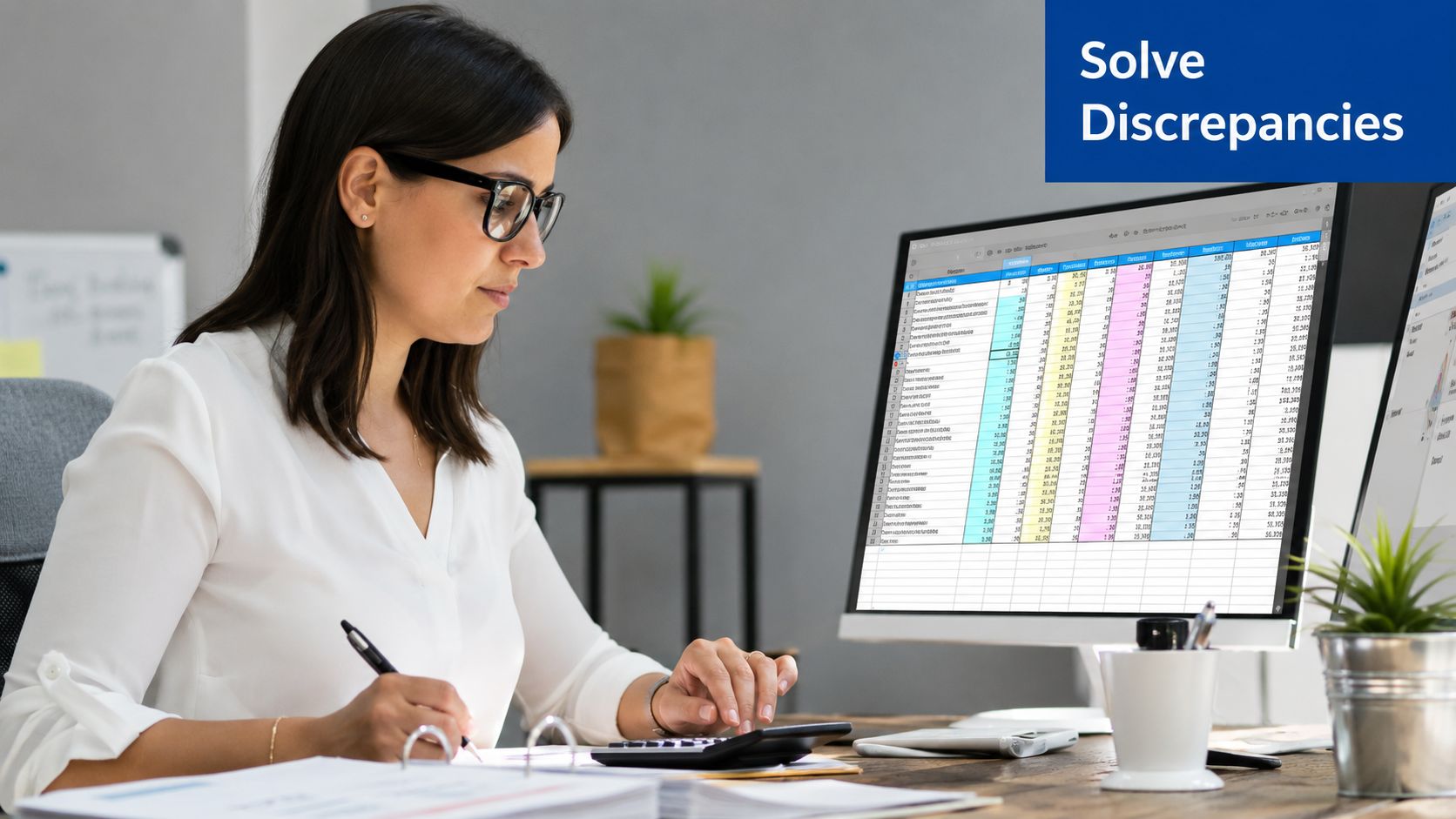 A professional woman in an office working on financial ledger reconciliation using a computer and calculator.