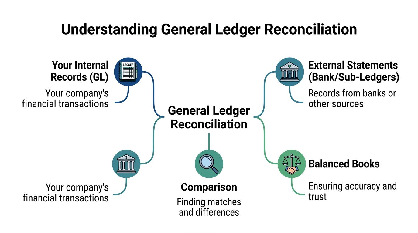 A diagram explaining General Ledger Reconciliation through internal records, external bank statements, comparison analysis, and balanced books.