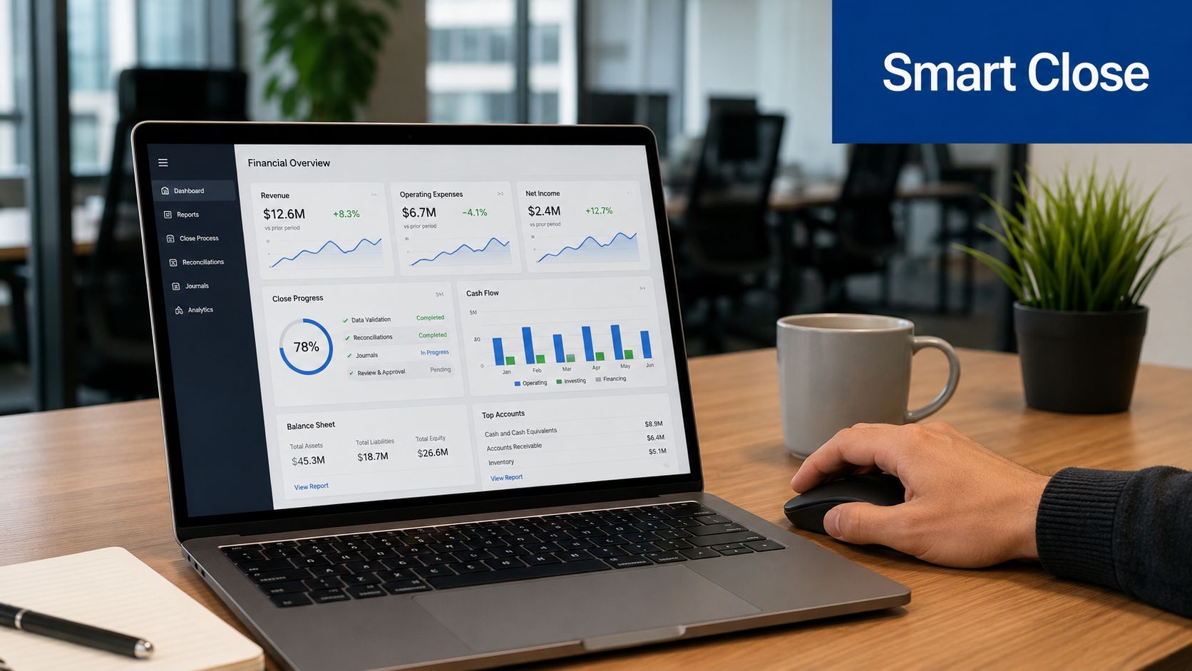 A professional working on a laptop displaying a financial dashboard with charts and business performance metrics.